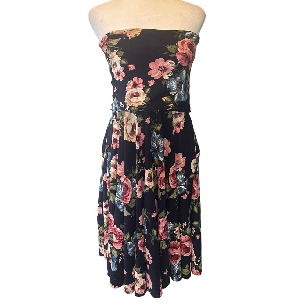 Vintage Dark Floral Fairy Strapless Boho Chic Midi Dress Romantic Stretch